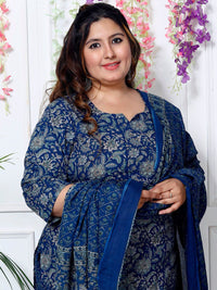 Thumbnail for Swasti Plus Size Floral Printed Sequinned Pure Cotton Kurta With Trouser & Dupatta