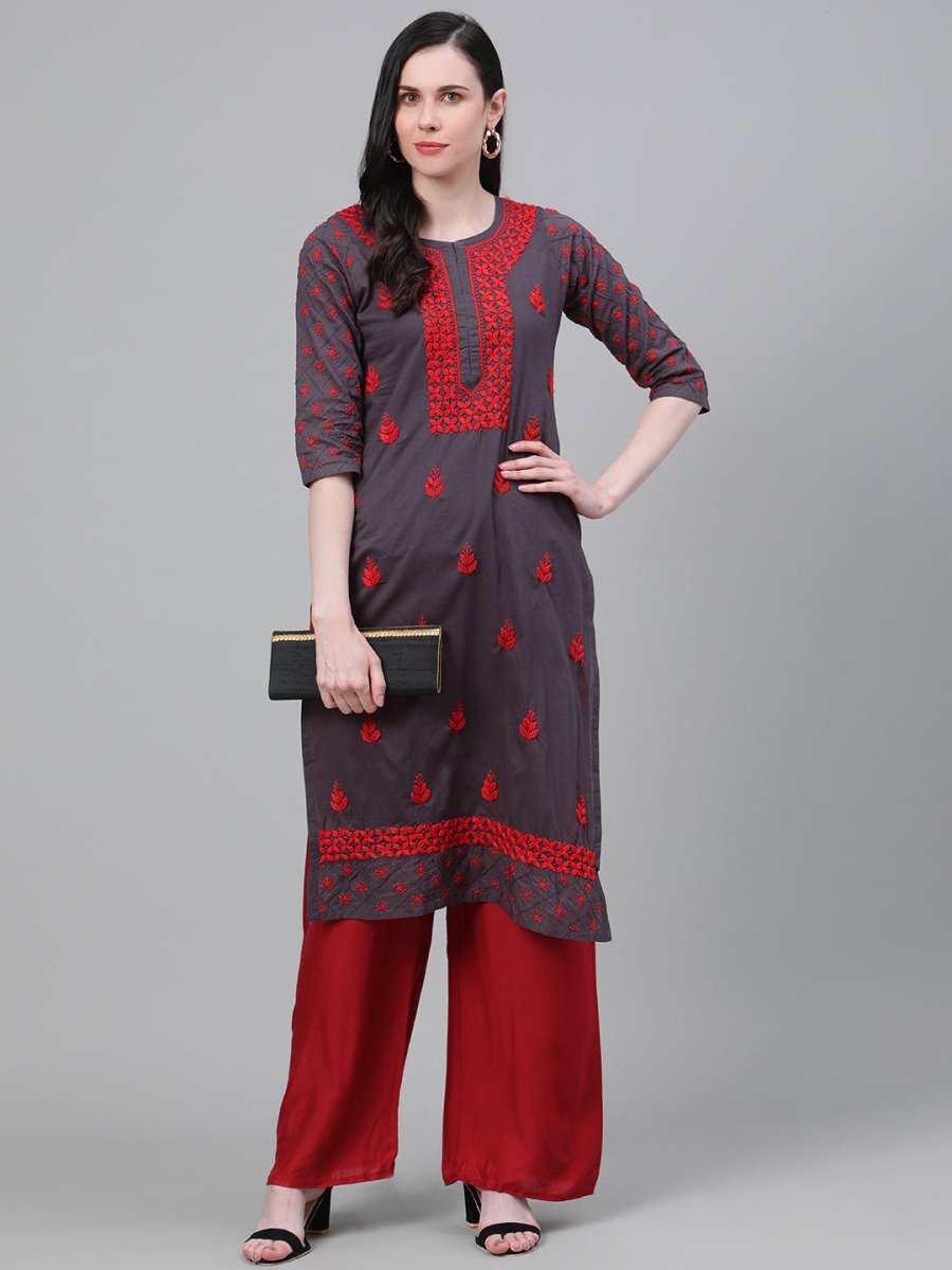 ADA Women Charcoal Grey & Red Chikankari Hand Embroidered Cotton Straight Sustainable Handloom Kurta - Distacart