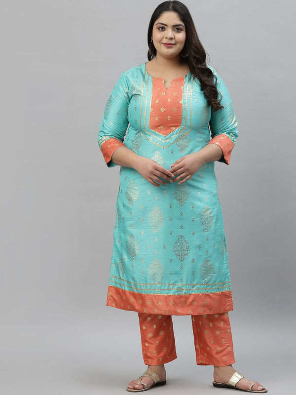 Sztori Plus Size Floral Foil Printed Gotta Patti Straight Kurta With Trouser - Distacart