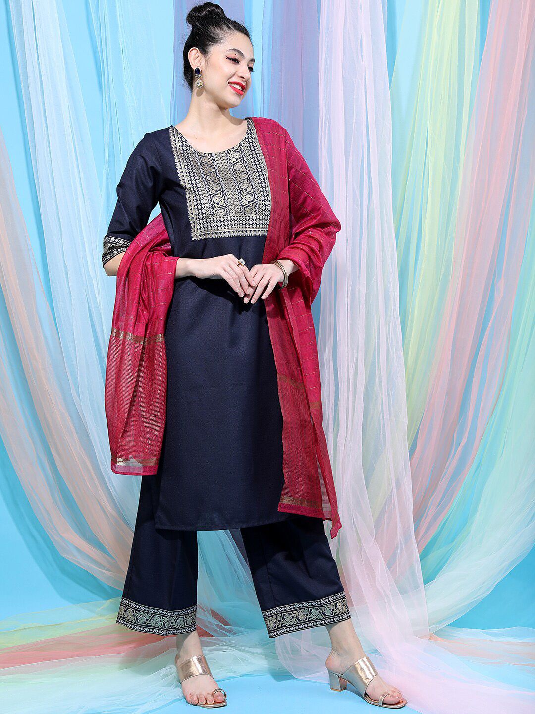Vishudh Navy Blue Ethnic Motifs Yoke Design Straight Kurta With Palazzos & Dupatta