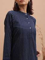Thumbnail for Vishudh Striped Band Collar Pure Cotton Straight Kurta With Palazzos - Distacart