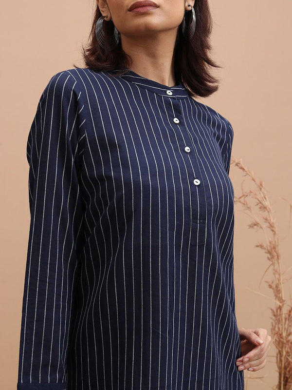 Vishudh Striped Band Collar Pure Cotton Straight Kurta With Palazzos - Distacart