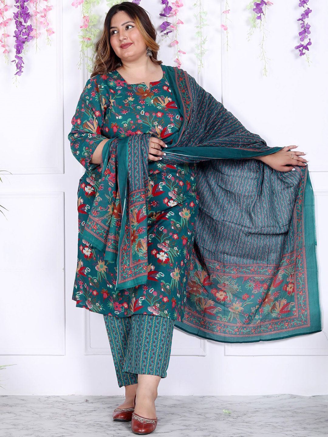 Swasti Plus Size Floral Printed Regular Pure Cotton Kurta with Trousers & Dupatta