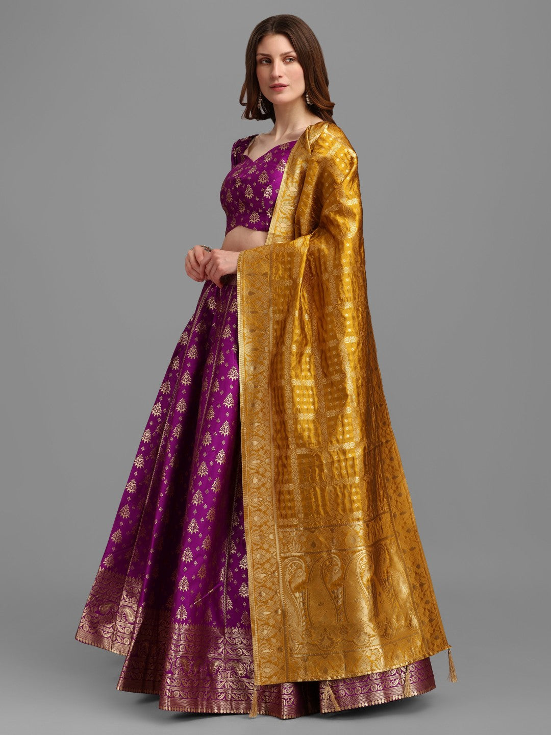 Lorenvalley Fashion Purple Brocade Fabric Lehenga & Unstitched Blouse With Dupatta - Distacart