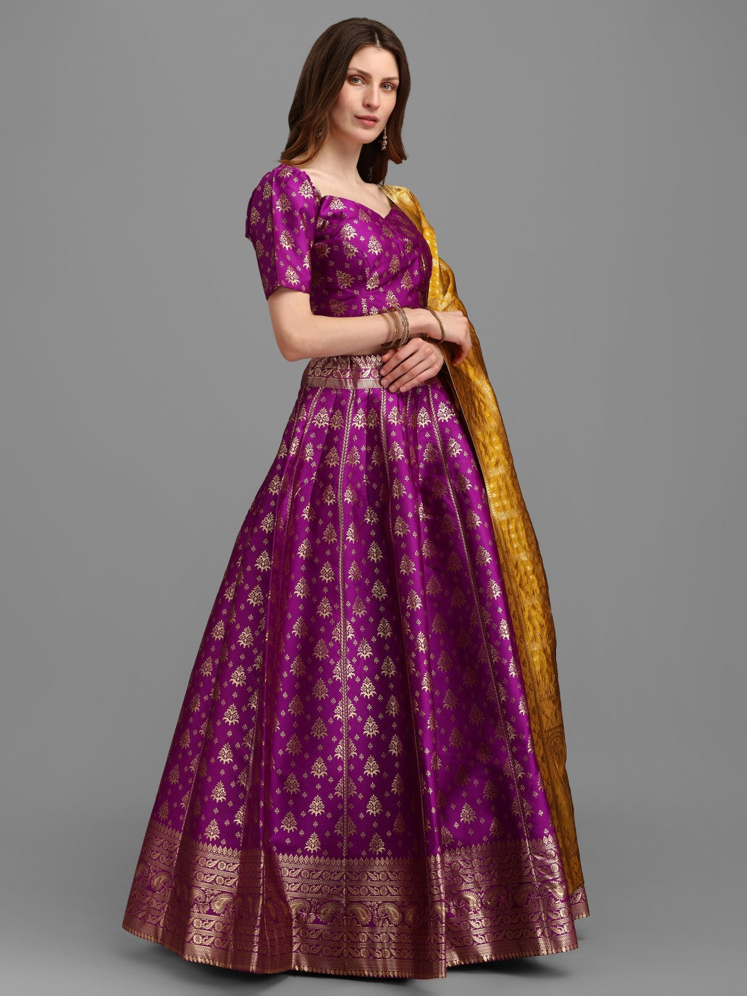 Lorenvalley Fashion Purple Brocade Fabric Lehenga & Unstitched Blouse With Dupatta - Distacart