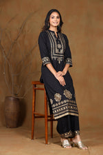 Thumbnail for Juniper Women's Black Rayon Gold Foil Print Straight Kurta - Distacart