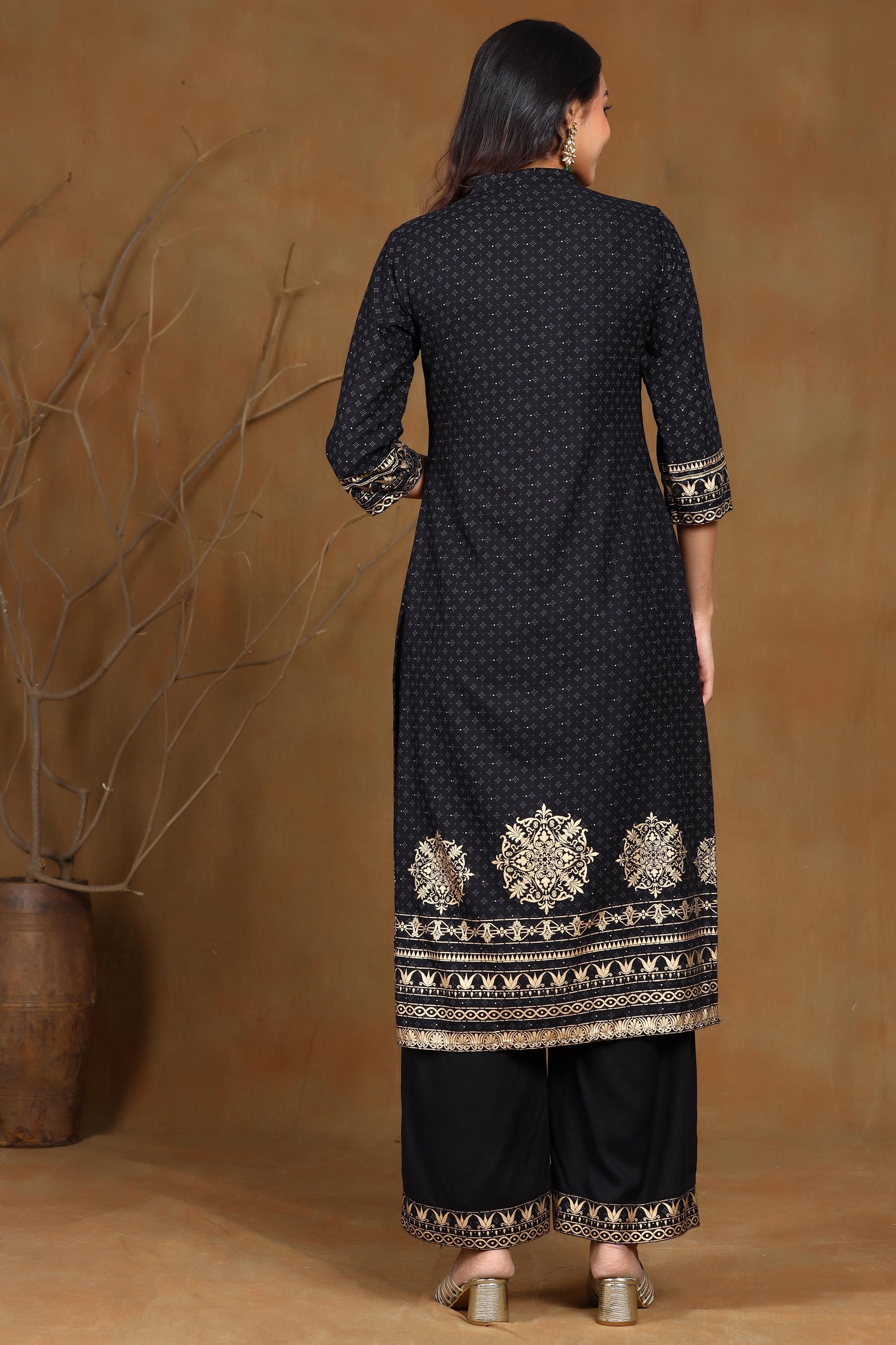 Juniper Women's Black Rayon Gold Foil Print Straight Kurta - Distacart