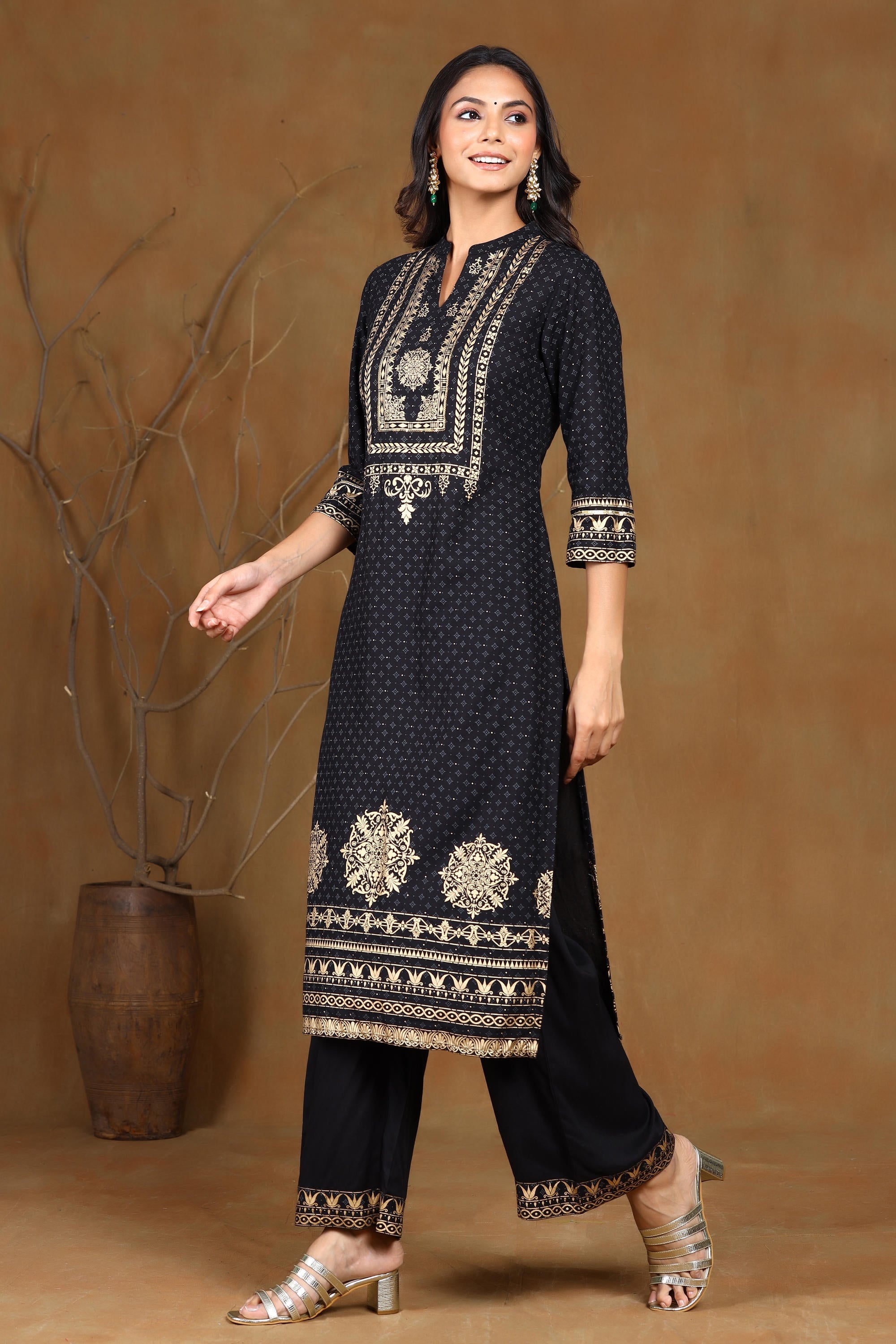 Juniper Women's Black Rayon Gold Foil Print Straight Kurta - Distacart