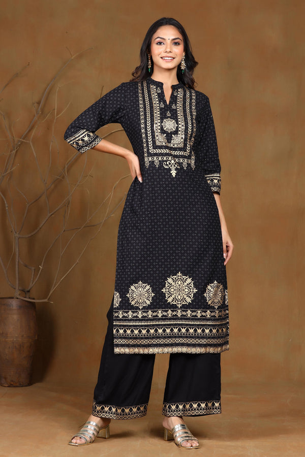Juniper Women's Black Rayon Gold Foil Print Straight Kurta - Distacart