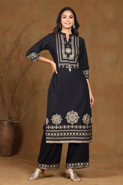 Juniper Women's Black Rayon Gold Foil Print Straight Kurta - Distacart