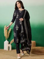 Thumbnail for Sangria Notch Neck Printed Pure Cotton Kurta With Trousers & Dupatta - Distacart