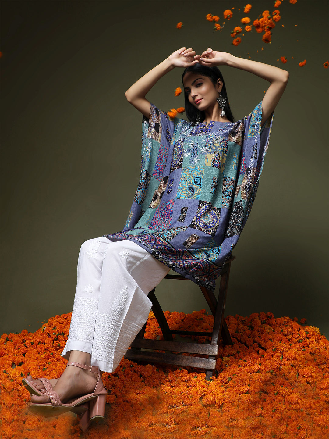 HOUSE OF KARI Ethnic Motifs Printed Notched Neck Chikankari Embroidery Cotton Kaftan Kurta - Distacart