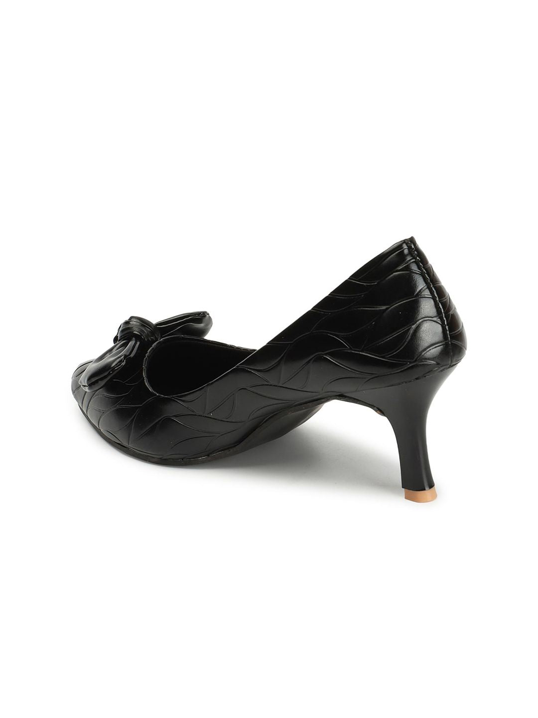 DressBerry Black Pointed Toe Textured Kitten Pumps With Bows