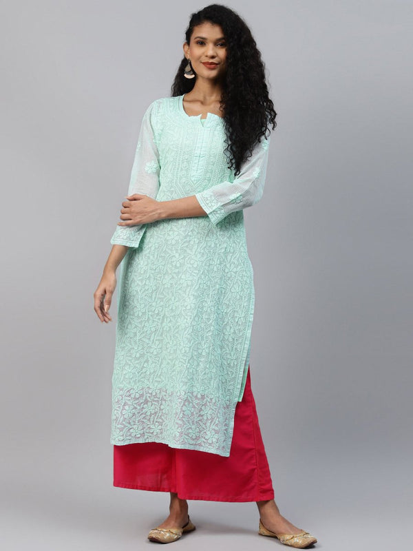 ADA Women Sea Green Chikankari Hand Embroidered Straight Kota Handloom Kurta With Matching Slip - Distacart