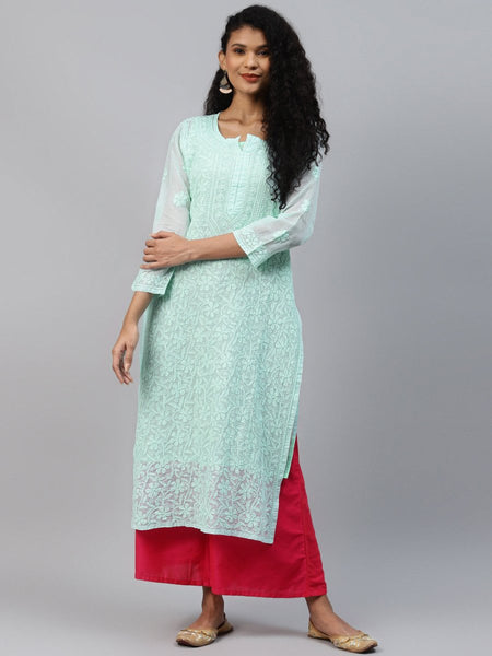 ADA Women Sea Green Chikankari Hand Embroidered Straight Kota Handloom Kurta With Matching Slip - Distacart