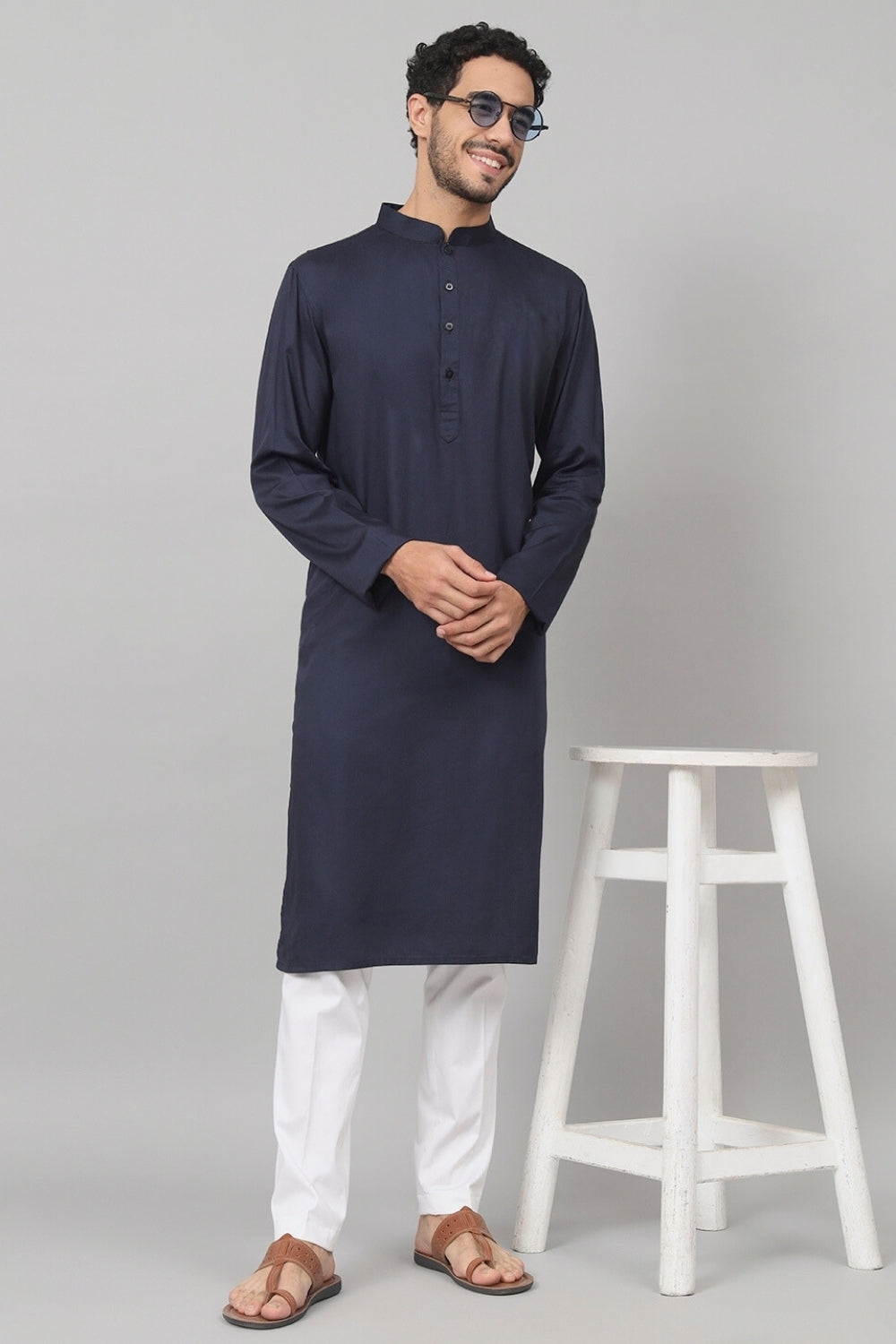 Giza Cotton Navy Blue Plain Kurta by Hilo Design - Distacart