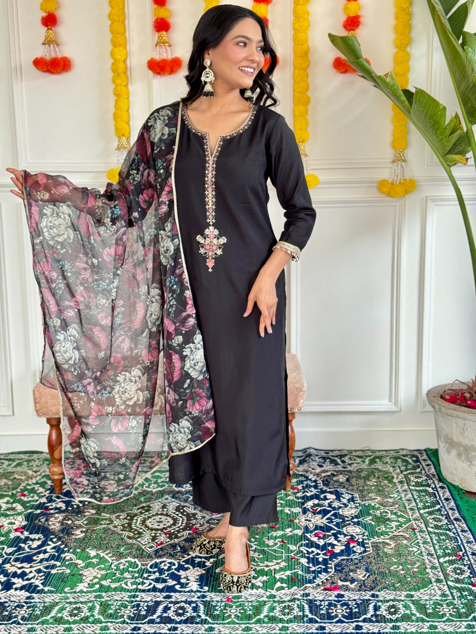 Lyush Women's Henley Neck Work Rayon Slub Fabric Kurta Pant With Dupatta Set - Black
