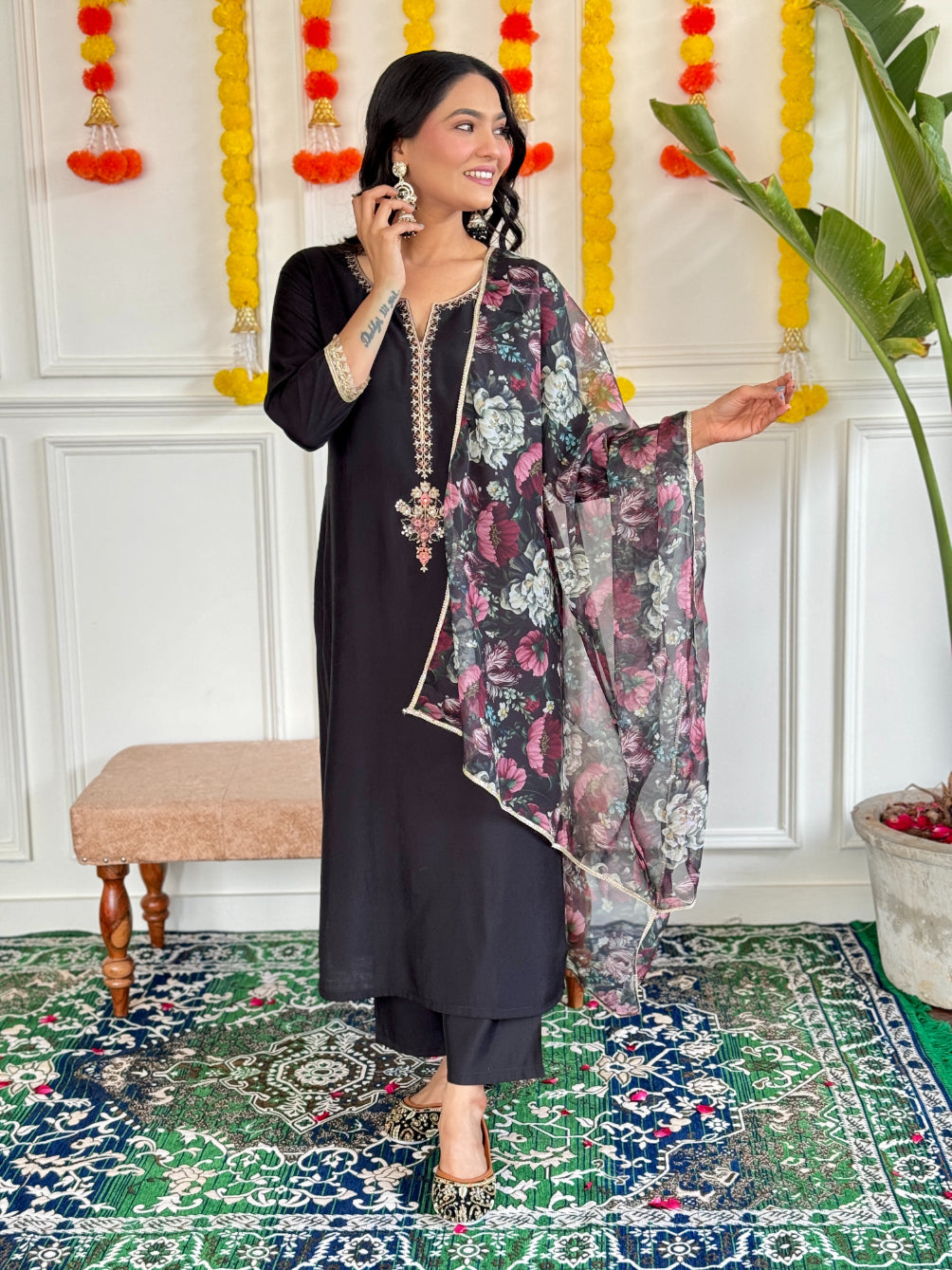 Lyush Women's Henley Neck Work Rayon Slub Fabric Kurta Pant With Dupatta Set - Black
