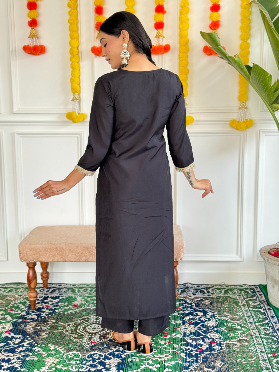Lyush Women's Henley Neck Work Rayon Slub Fabric Kurta Pant With Dupatta Set - Black