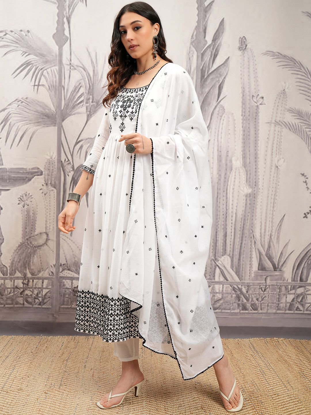 Vishudh White & Black Embroidered Pure Cotton Anarkali Kurta with Trousers & Dupatta - Distacart