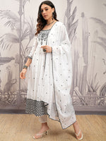 Thumbnail for Vishudh White & Black Embroidered Pure Cotton Anarkali Kurta with Trousers & Dupatta - Distacart