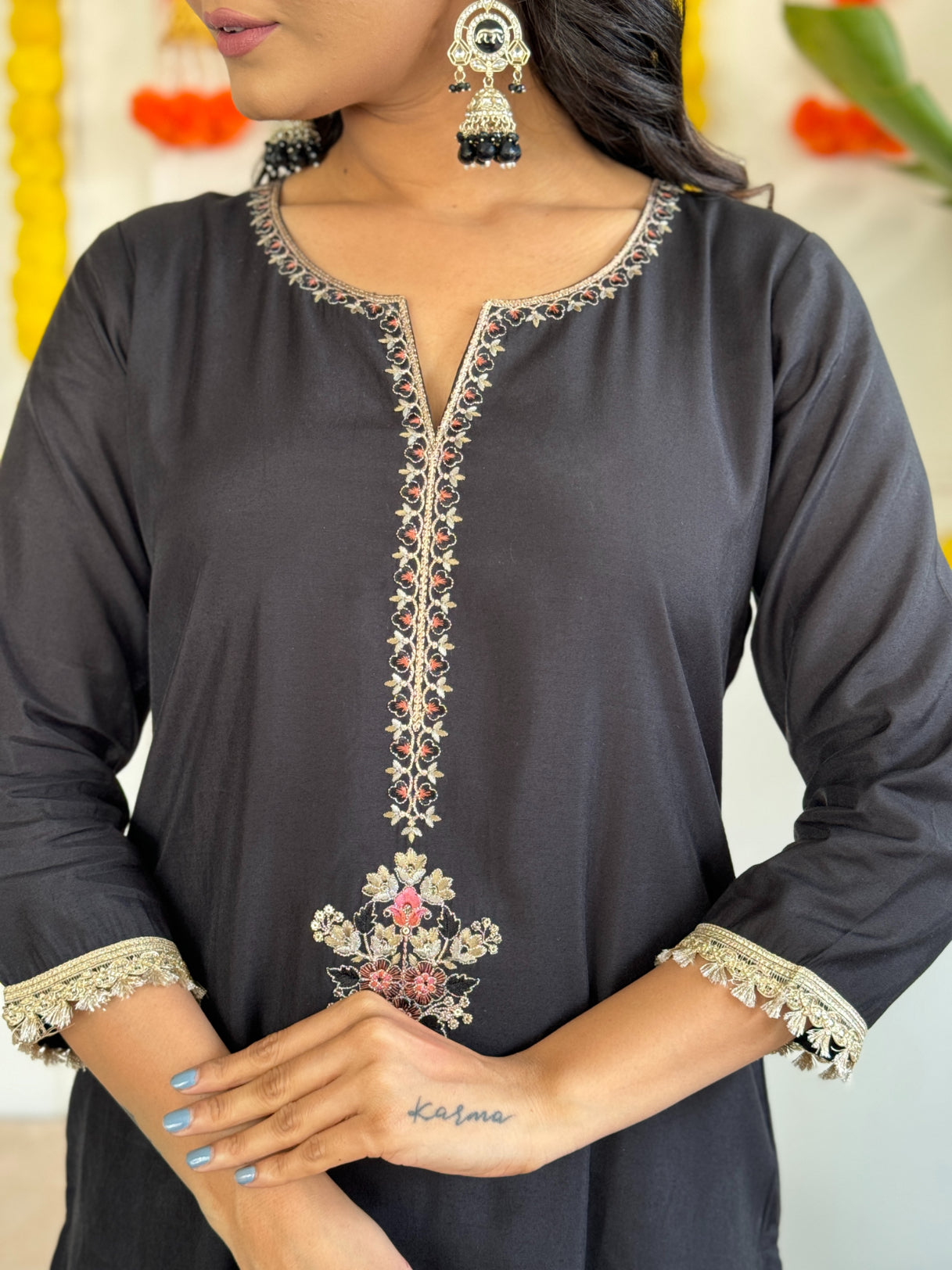 Lyush Women's Henley Neck Work Rayon Slub Fabric Kurta Pant With Dupatta Set - Black