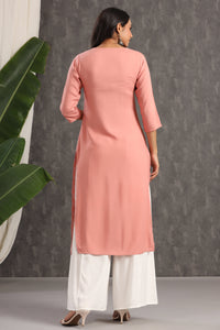 Thumbnail for Juniper Women's Onion Pink Thread Embroidered Rayon Straight Kurta