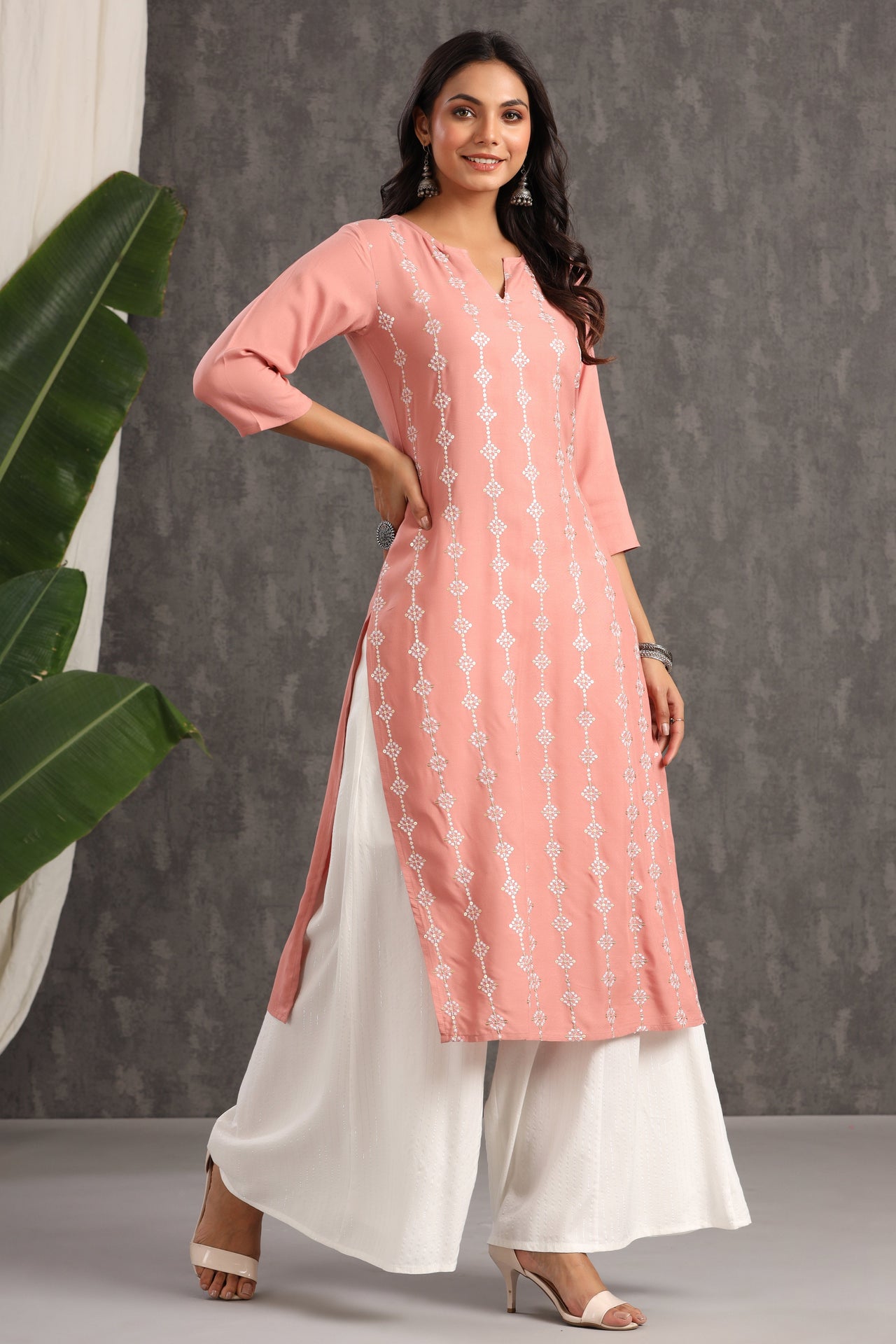 Juniper Women's Onion Pink Thread Embroidered Rayon Straight Kurta