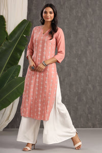 Thumbnail for Juniper Women's Onion Pink Thread Embroidered Rayon Straight Kurta