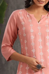 Thumbnail for Juniper Women's Onion Pink Thread Embroidered Rayon Straight Kurta
