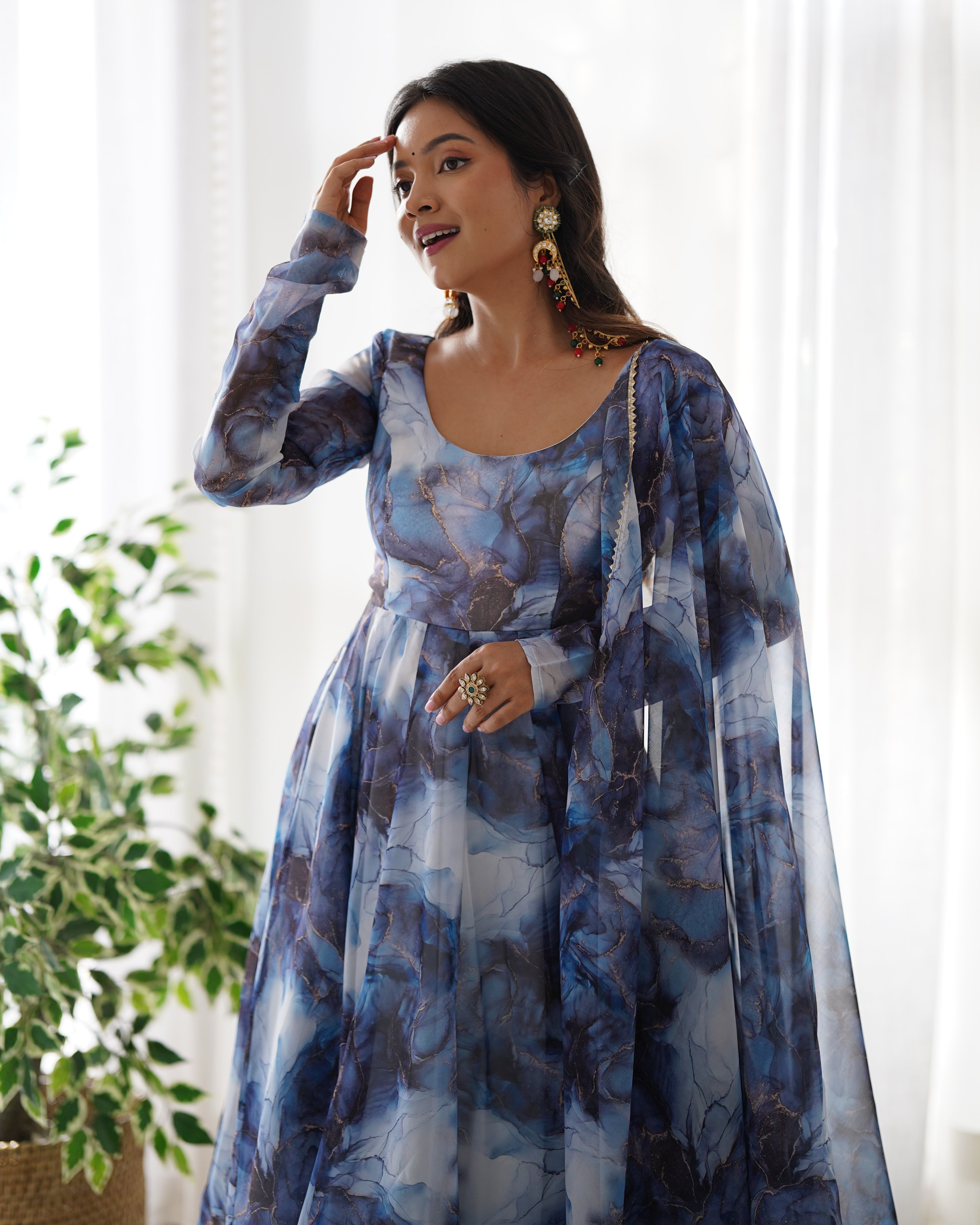 Lorenvalley Navyblue Soft Organza Silk With Marble Print Anarkali Pant With Dupatta Set