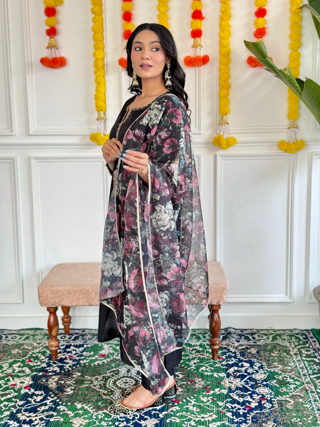 Lyush Women's Henley Neck Work Rayon Slub Fabric Kurta Pant With Dupatta Set - Black