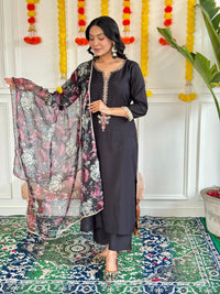 Thumbnail for Lyush Women's Henley Neck Work Rayon Slub Fabric Kurta Pant With Dupatta Set - Black