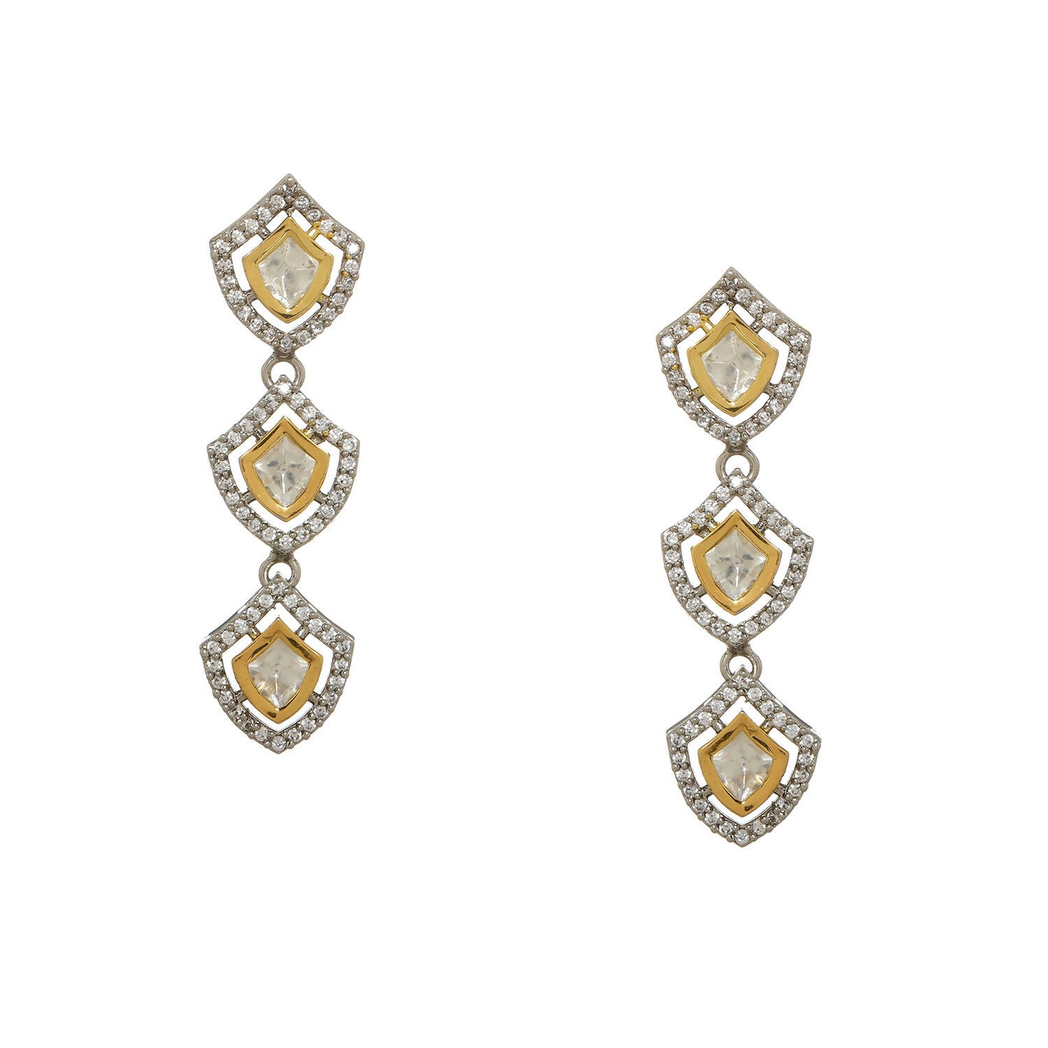 3 Tier Kundan and Diamond Earrings (Silver) - Ruby Raang - Distacart