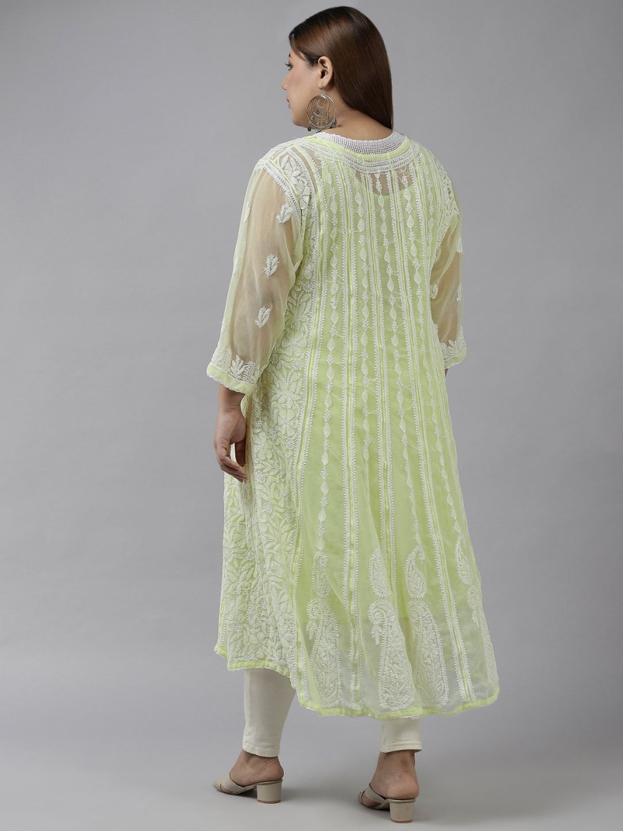 ADA Women Lime Green & White Ethnic Motifs Plus Size Chikankari Georgette Anarkali Kurta - Distacart