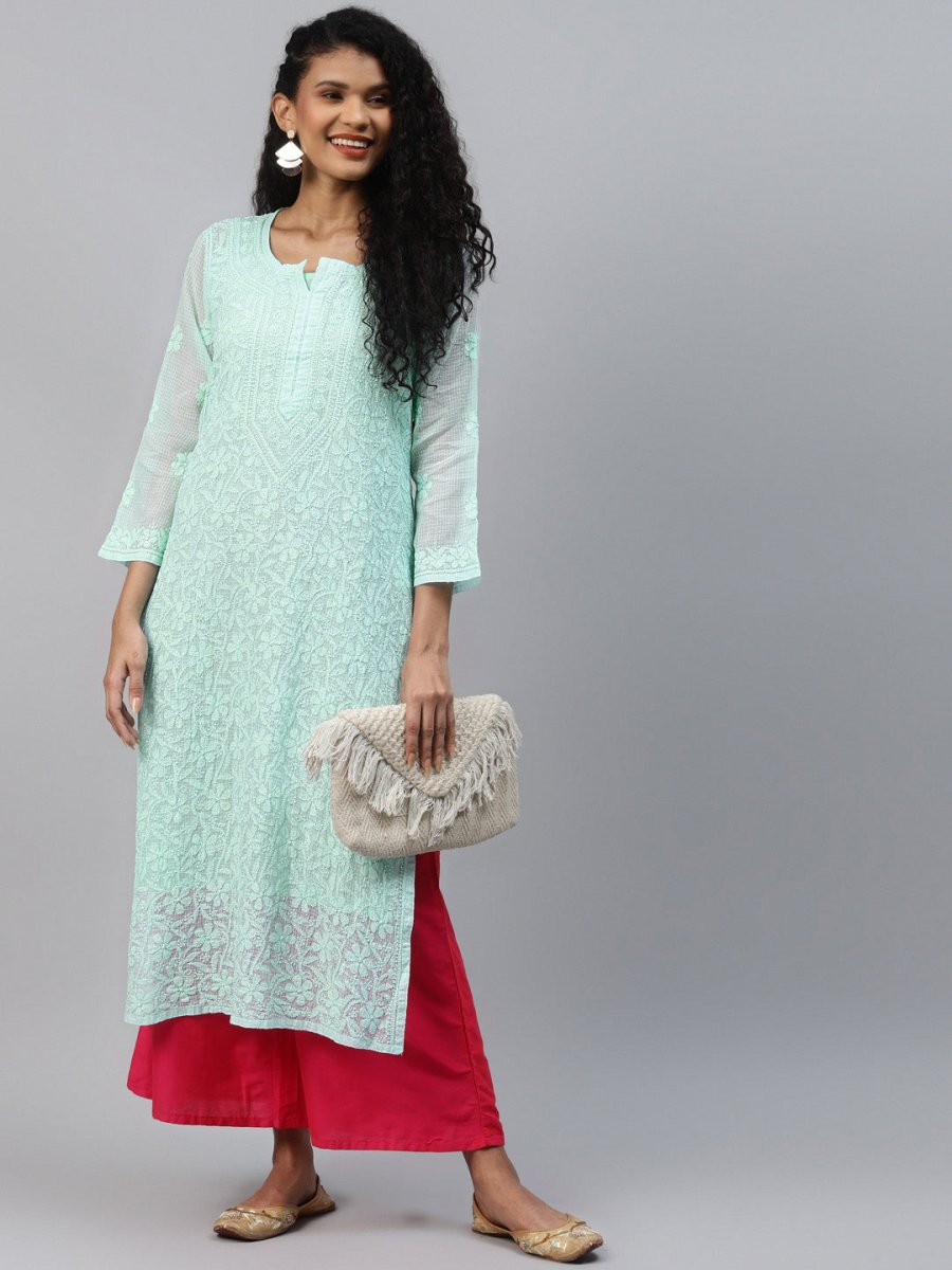 ADA Women Sea Green Chikankari Hand Embroidered Straight Kota Handloom Kurta With Matching Slip - Distacart