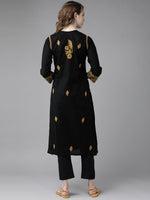 Thumbnail for ADA Women Black & Mustard Yellow Pure Cotton Chikankari Embroidered Handloom Kurta with Trousers - Distacart