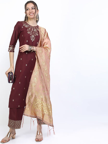 Vishudh Women Burgundy Kurta with Trousers & With Dupatta - Distacart