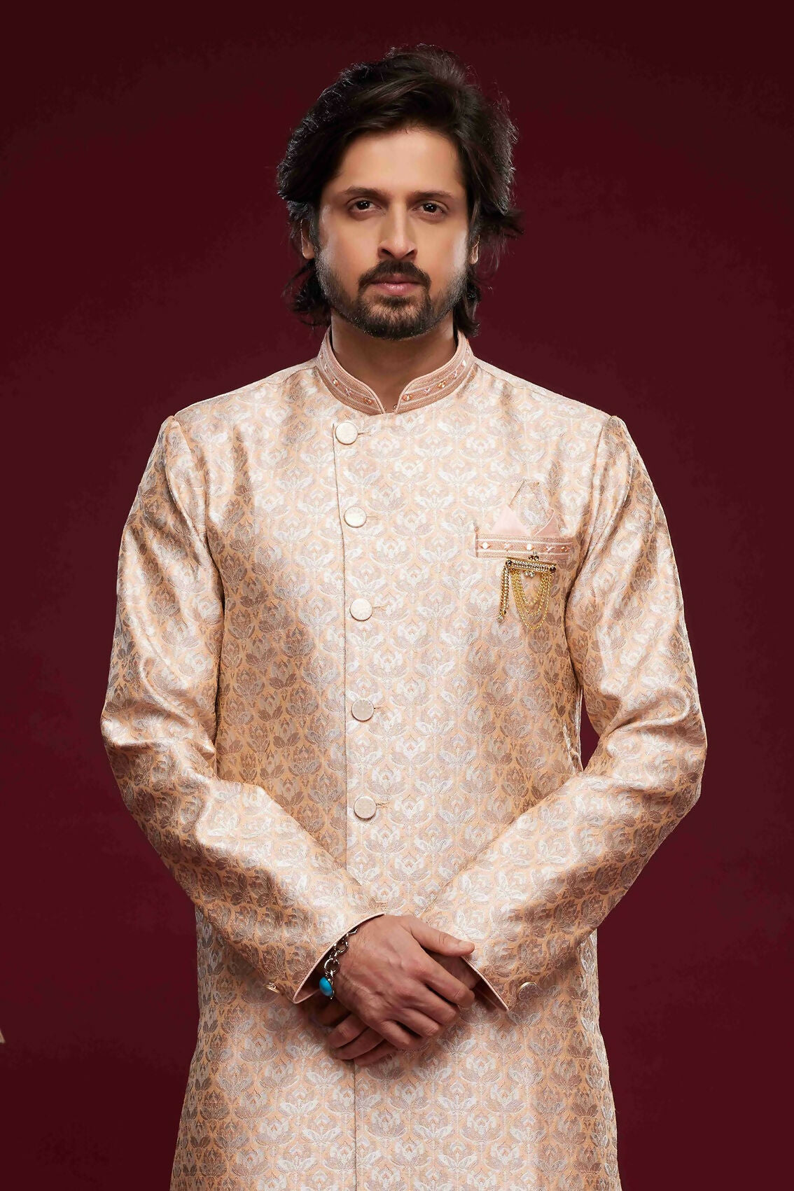 Raivat Ethnic Banarasi Jacquard Embroidery Semi Indo Western Sherwani In Peach Colour