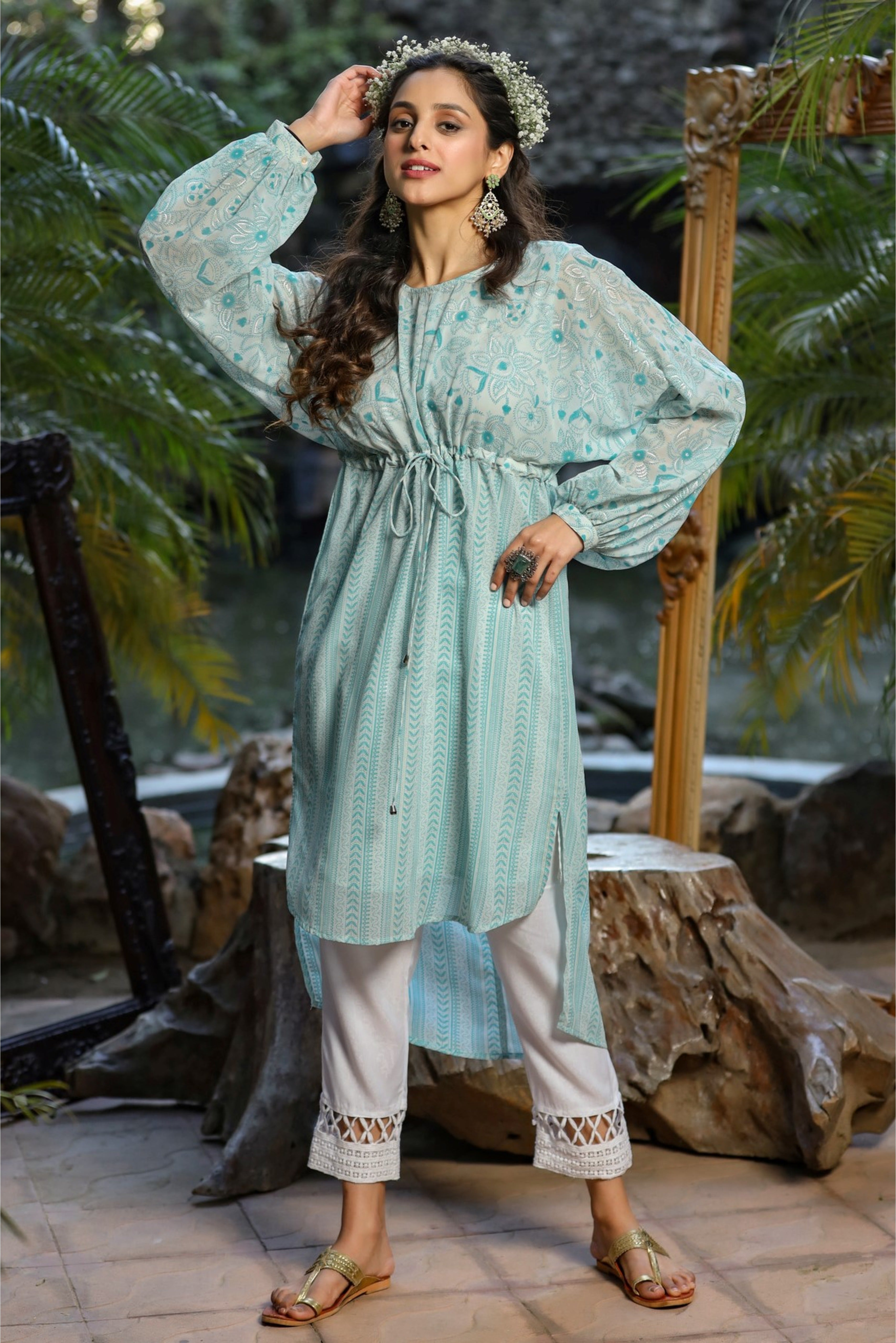 Juniper Blue Floral Printed Georgette High- Low Tunic With Shantoon Inner - Distacart