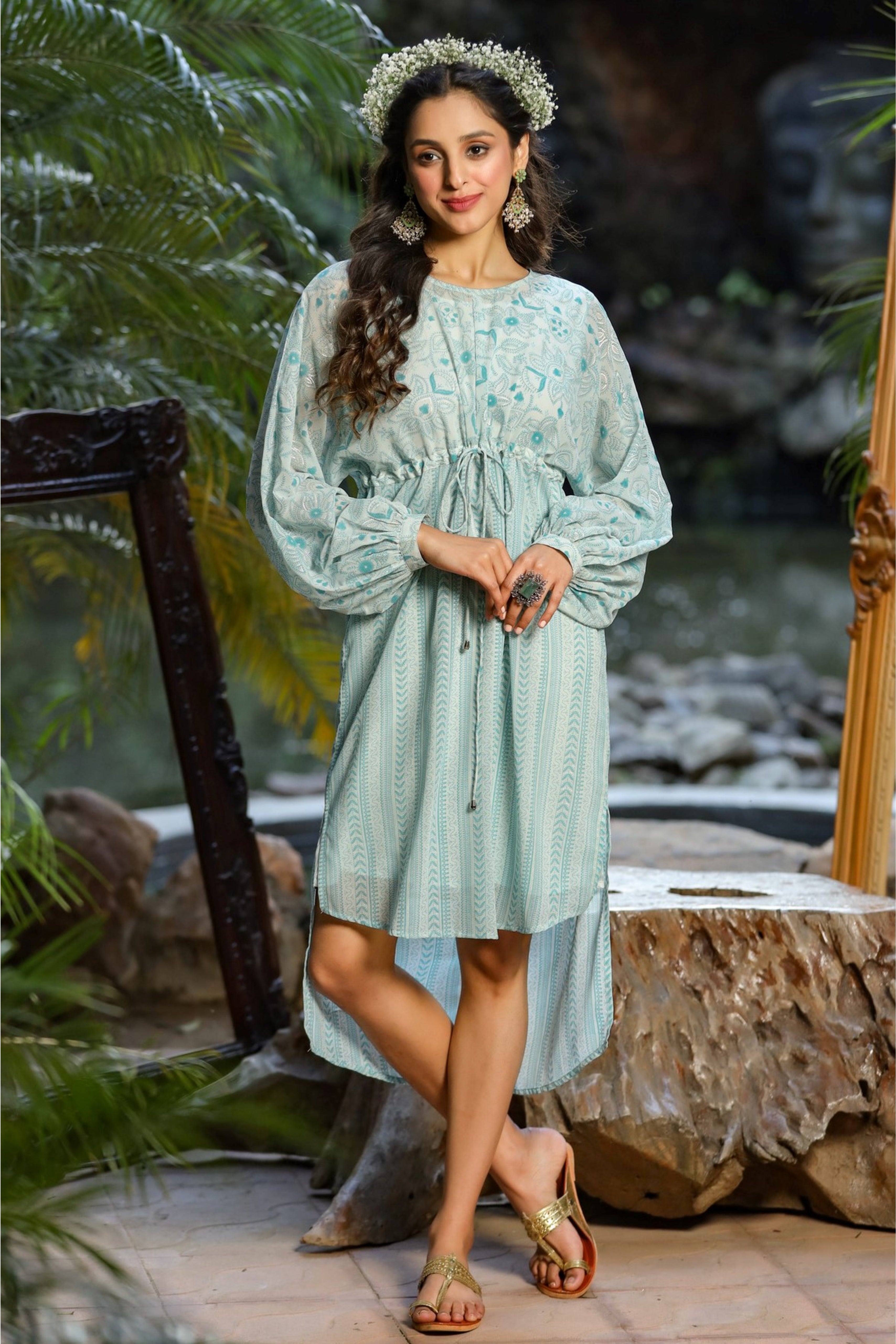 Juniper Blue Floral Printed Georgette High- Low Tunic With Shantoon Inner - Distacart