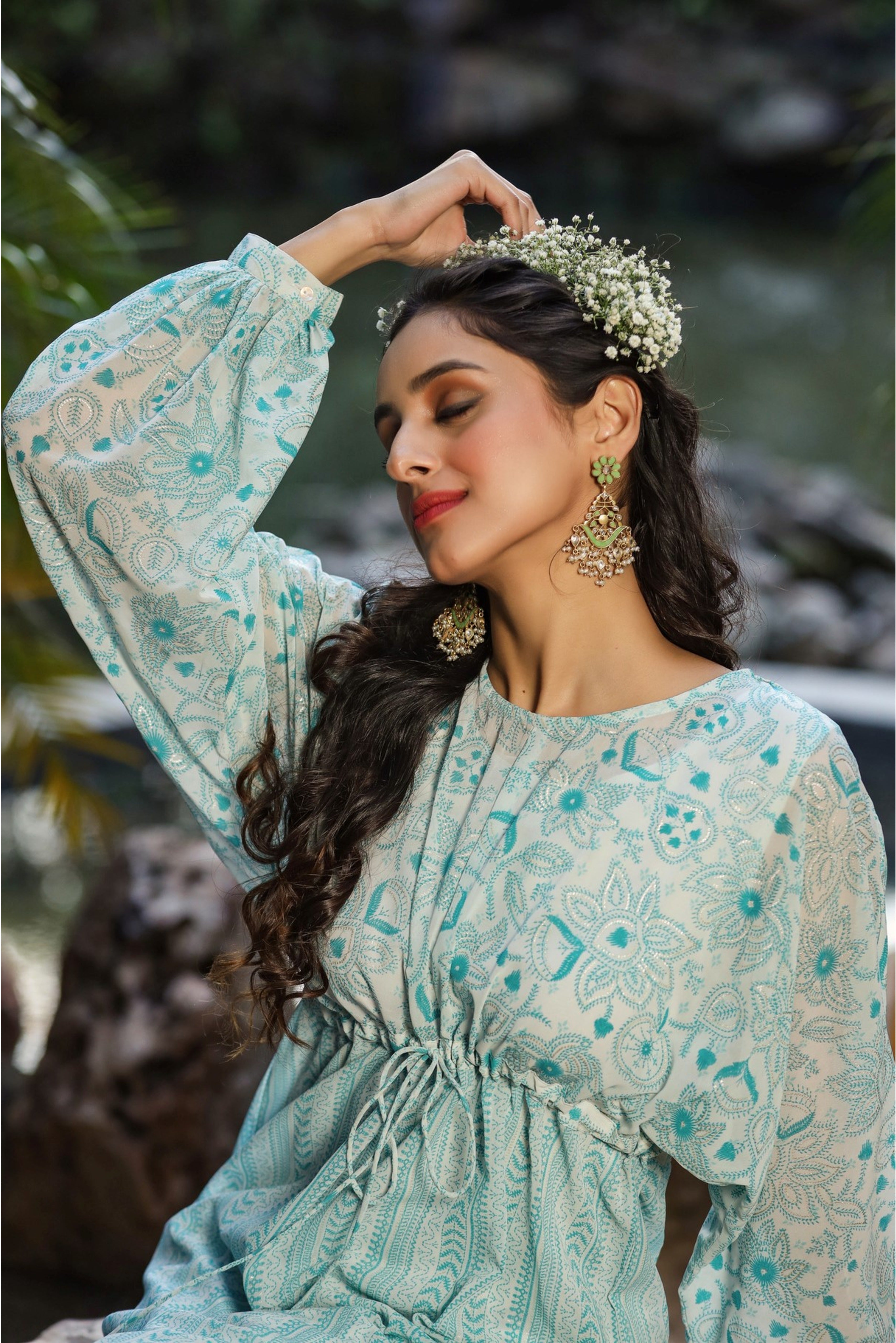 Juniper Blue Floral Printed Georgette High- Low Tunic With Shantoon Inner - Distacart