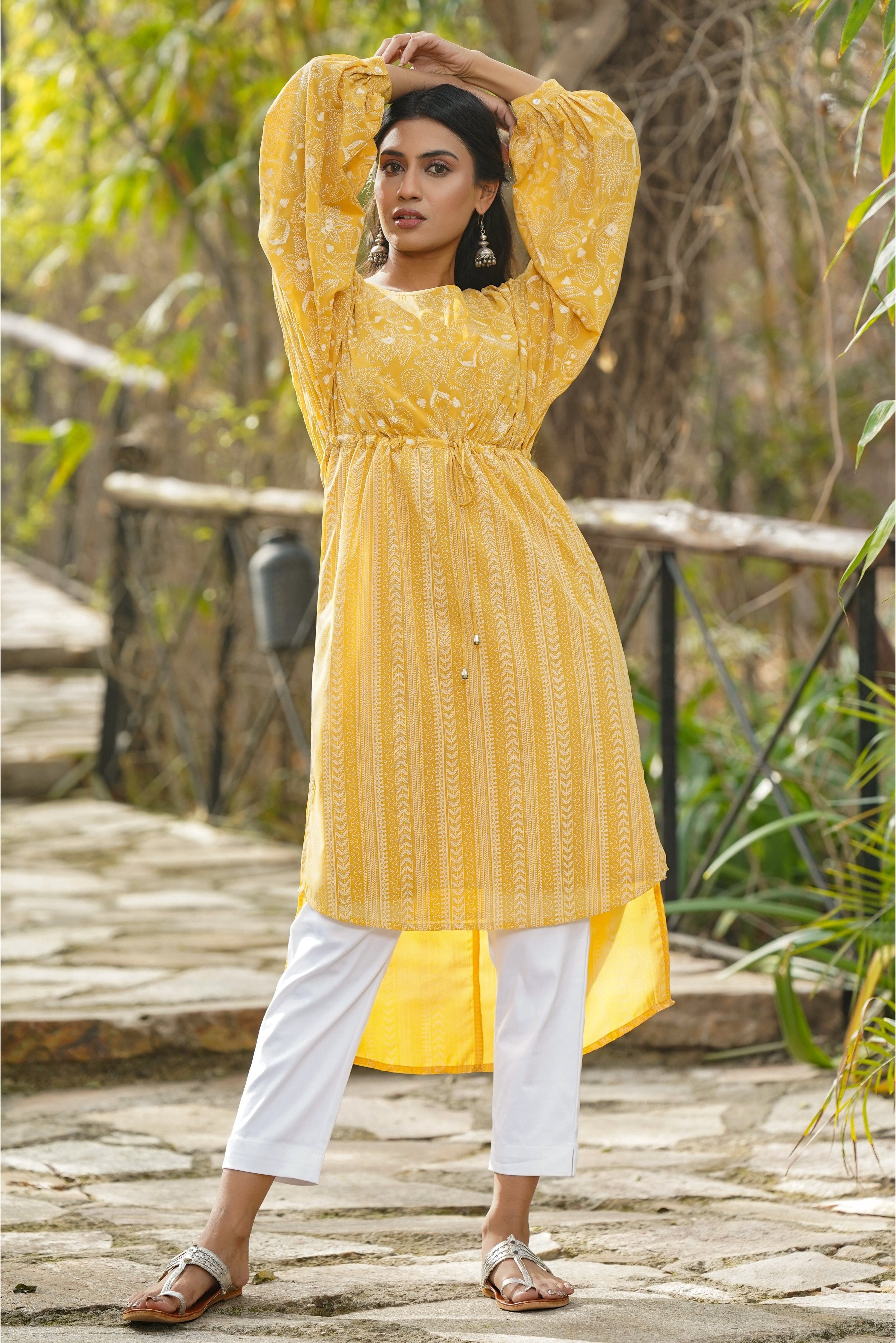 Juniper Yellow Floral Printed Georgette High- Low Tunic With Shantoon Inner - Distacart