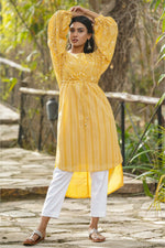 Thumbnail for Juniper Yellow Floral Printed Georgette High- Low Tunic With Shantoon Inner - Distacart