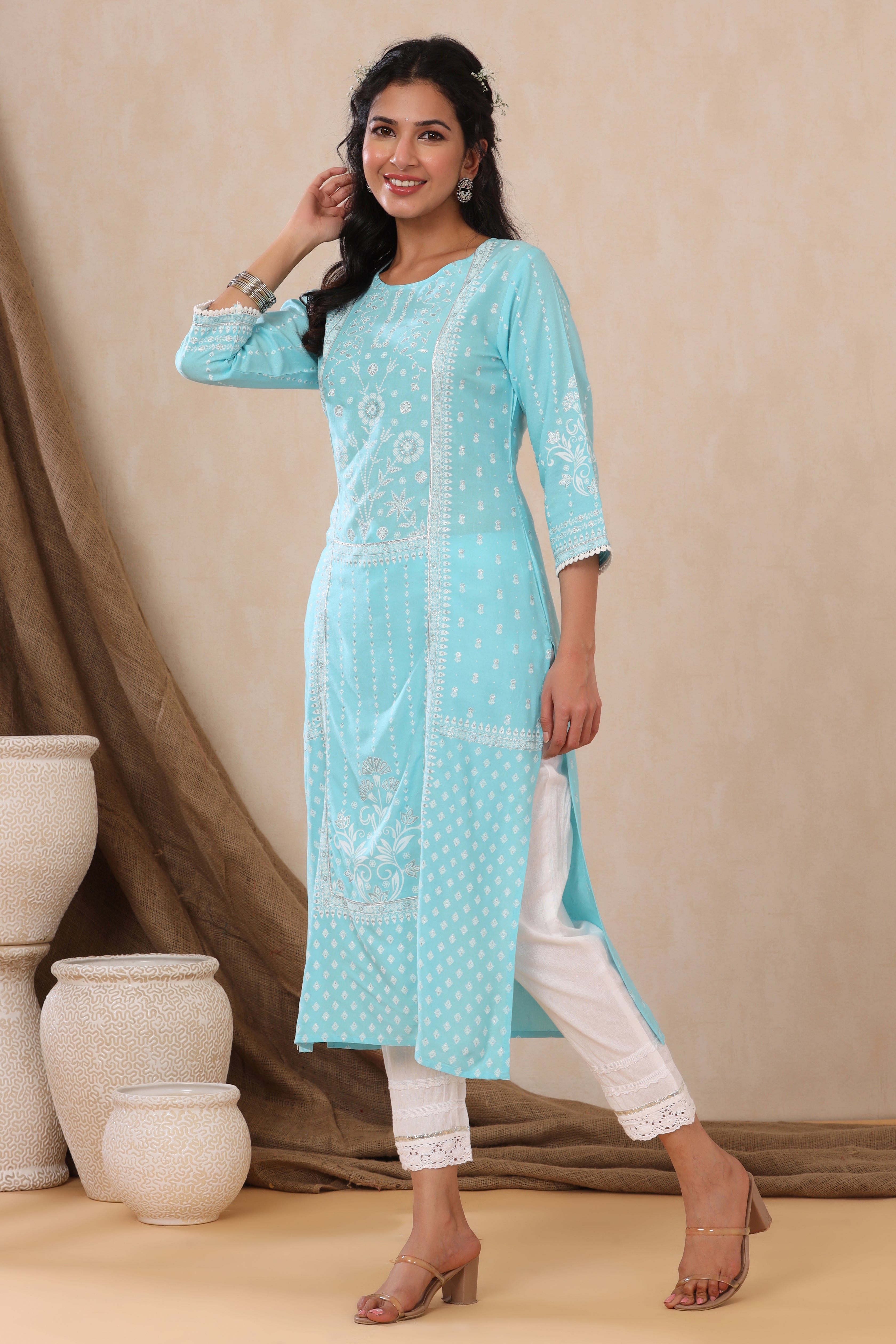 Juniper Aqua Ethnic Motif Printed Rayon Kurta With Lace Work - Distacart