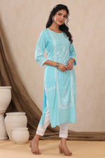 Thumbnail for Juniper Aqua Ethnic Motif Printed Rayon Kurta With Lace Work - Distacart
