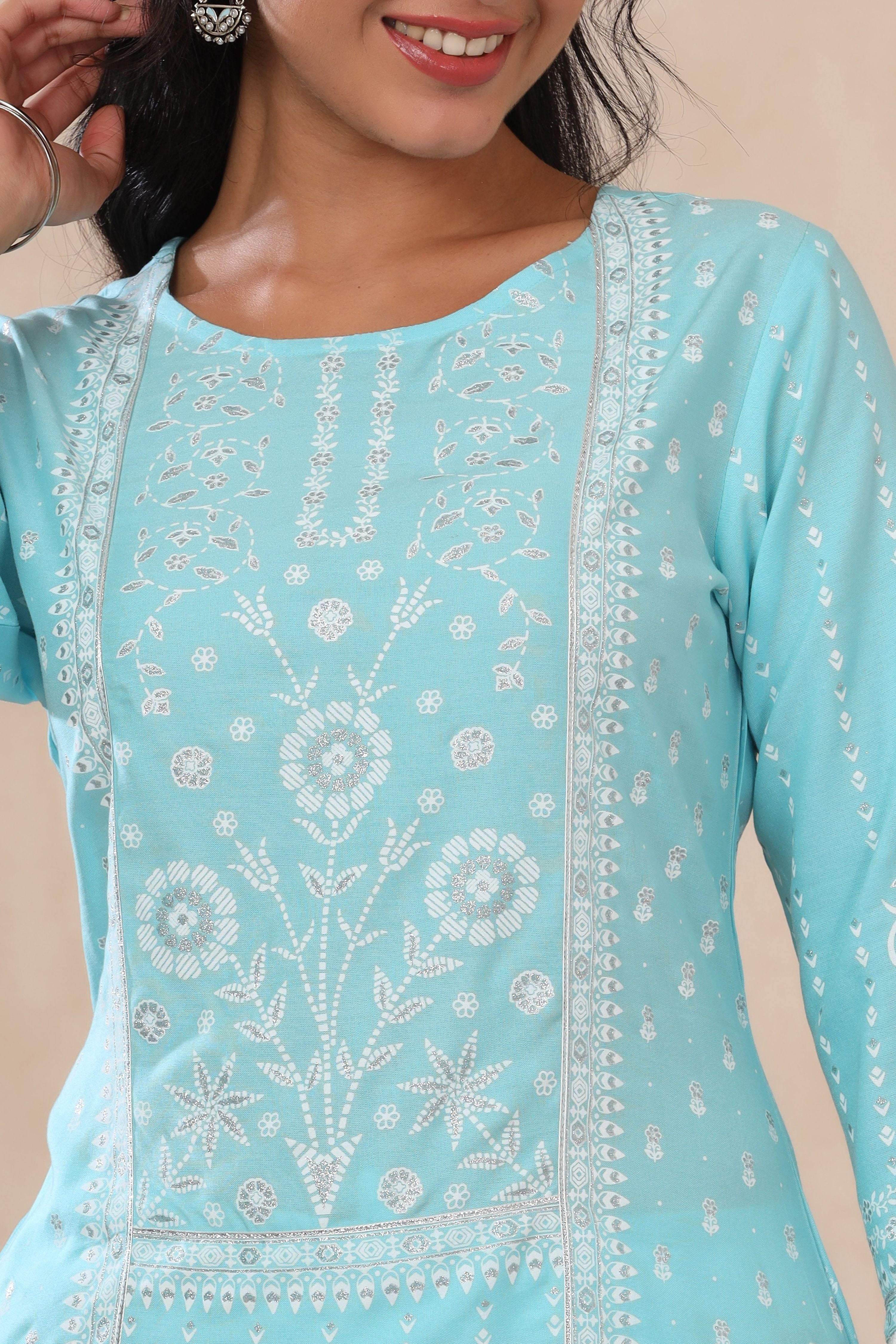 Juniper Aqua Ethnic Motif Printed Rayon Kurta With Lace Work - Distacart