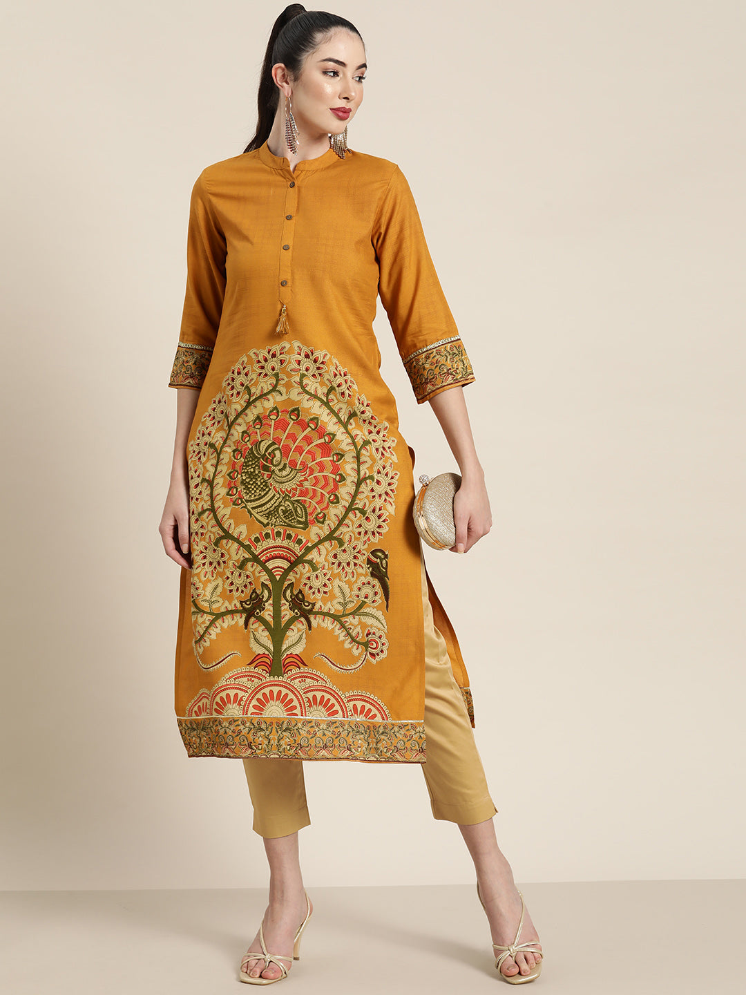 Juniper Mustard Ethnic Motif Printed Rayon Straight Kurta With Buttons & Tassels - Distacart