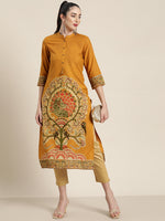 Thumbnail for Juniper Mustard Ethnic Motif Printed Rayon Straight Kurta With Buttons & Tassels - Distacart