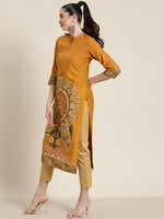 Thumbnail for Juniper Mustard Ethnic Motif Printed Rayon Straight Kurta With Buttons & Tassels - Distacart